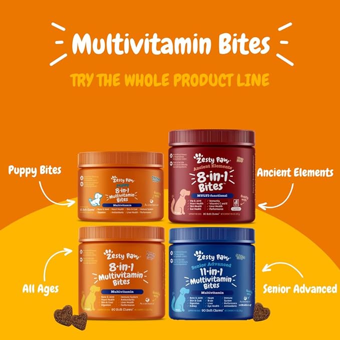 Zesty Paws Multivitamin Treats for Dogs - Glucosamine Chondroitin for Joint Support + Digestive Enzymes & Probiotics - Grain Free Vitamin for Skin & Coat + Immune Health - Peanut Butter Flavor - 90ct