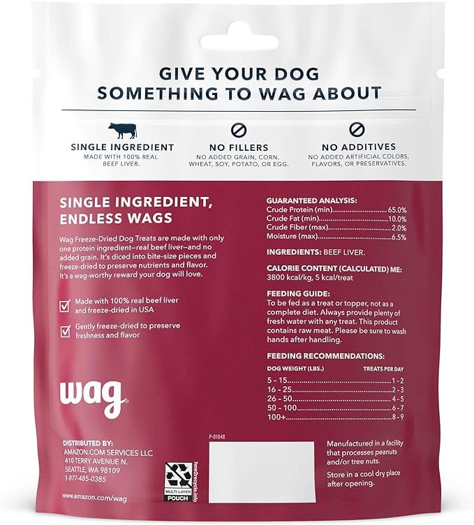 Wag Freeze-Dried Raw Single Ingredient Dog Treats, Beef Liver, 3.3 Ounce (Pack of 1)
