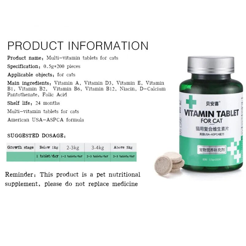 200 tablets of multi-vitamin supplement for pet cats