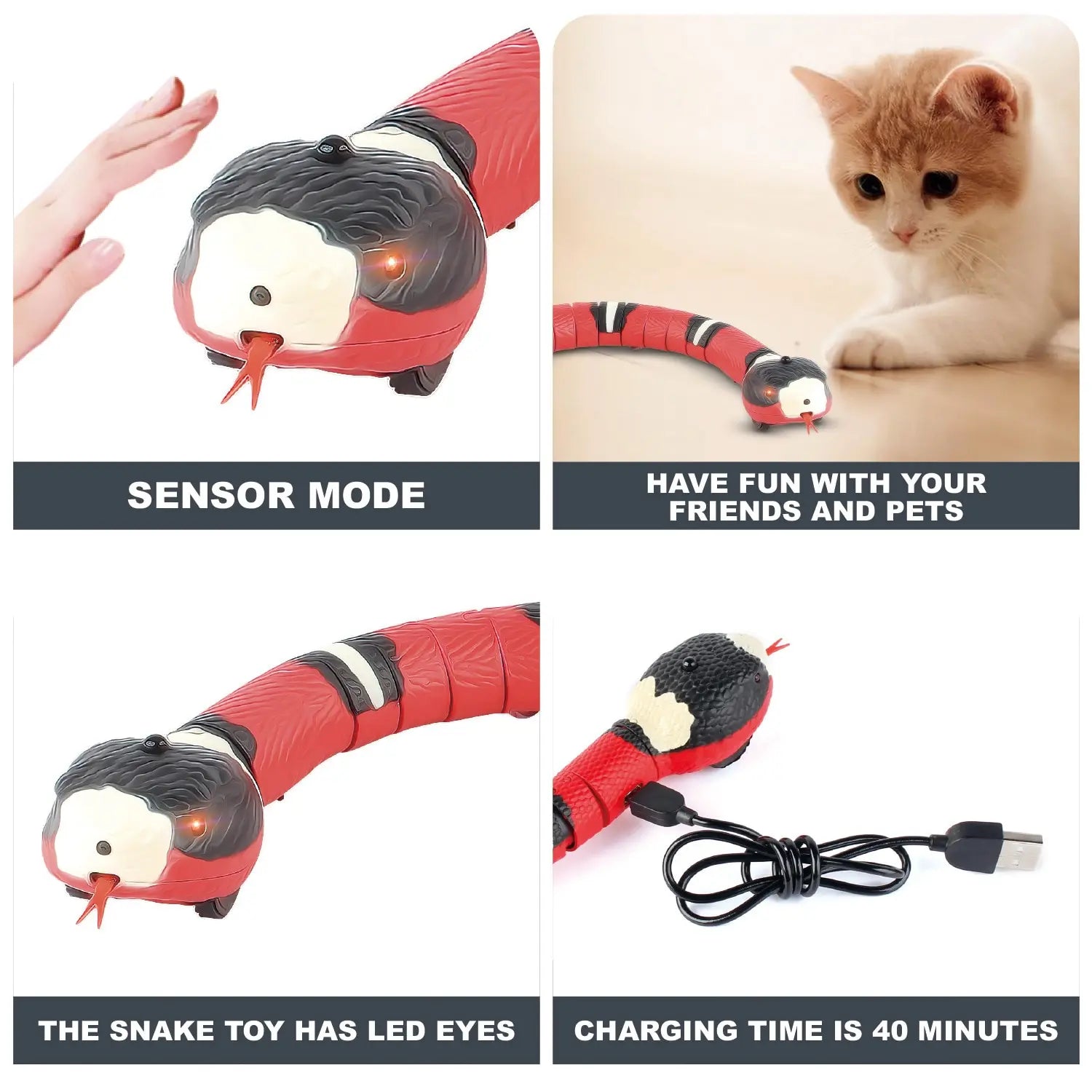 Snake Cat Teaser Indoor Play Kitten Toy USB Rechargeable